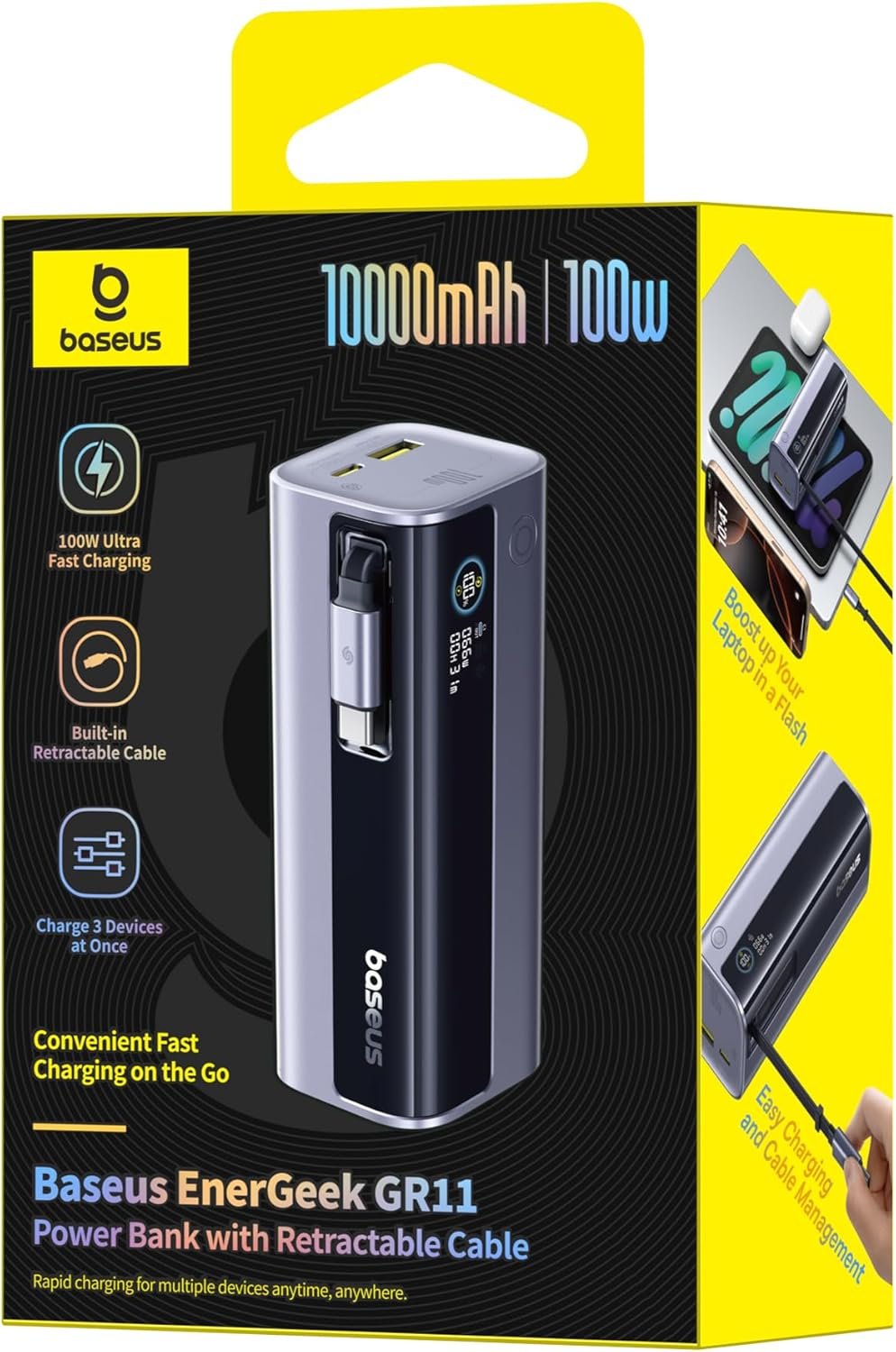 Baseus EnerGeek GR11 Power Bank with Retractable Cable 10000mAh 100W - Space Grey gallery image