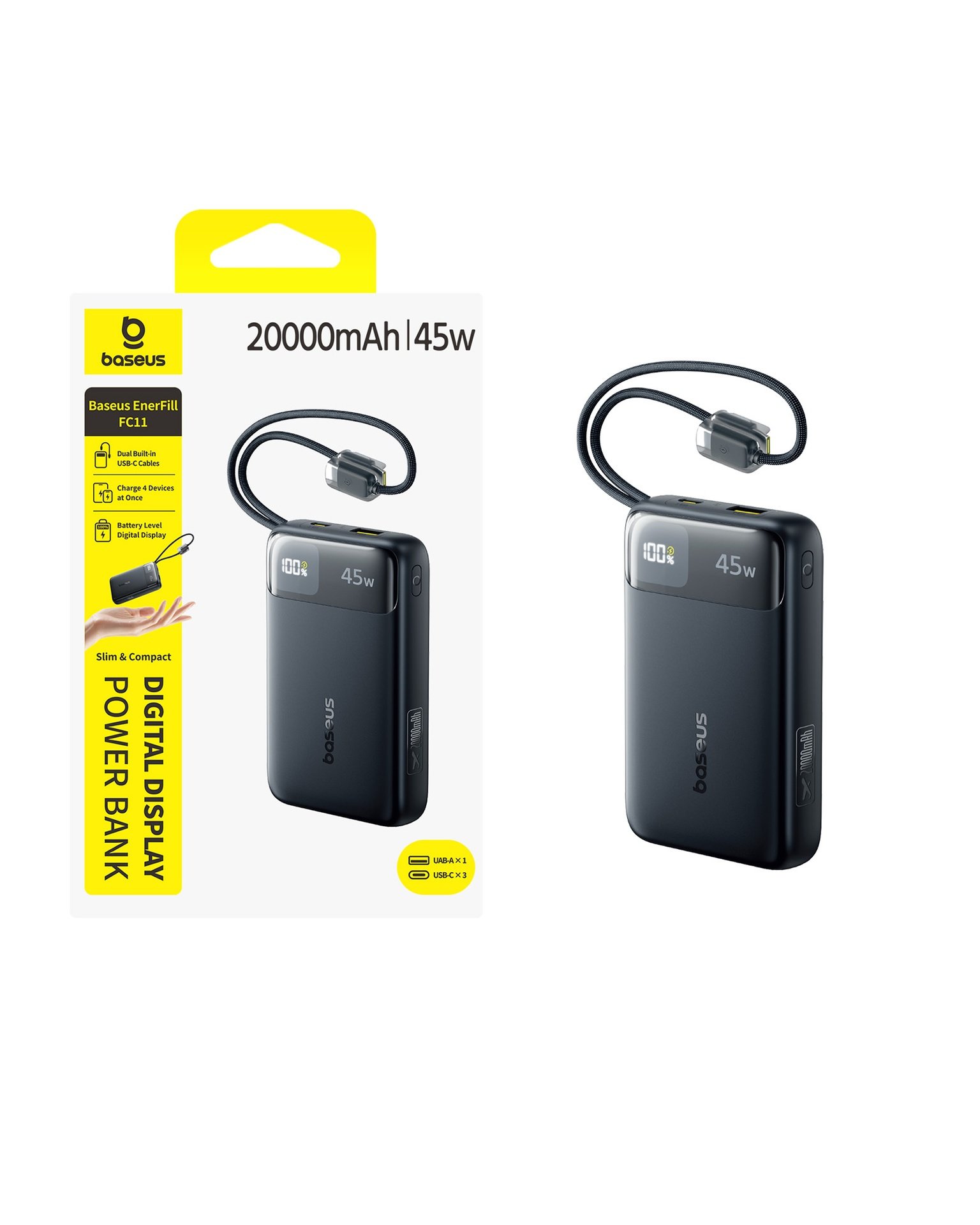 بنك الطاقة الرقمي Baseus EnerFill FC11 مع كابلات USB-C مدمجة مزدوجة 20000 مللي أمبير في الساعة 45 واط - أسود كوني gallery image