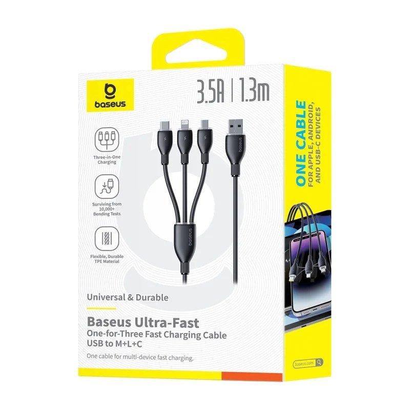 Baseus Ultra-Fast One-for-Three Fast Charging Cable USB-A to M+L+C 1.3m - Cosmic Black gallery image
