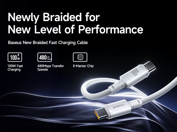 Baseus New Braided Fast Charging Cable USB-C to USB-C 100W 2m - White gallery image