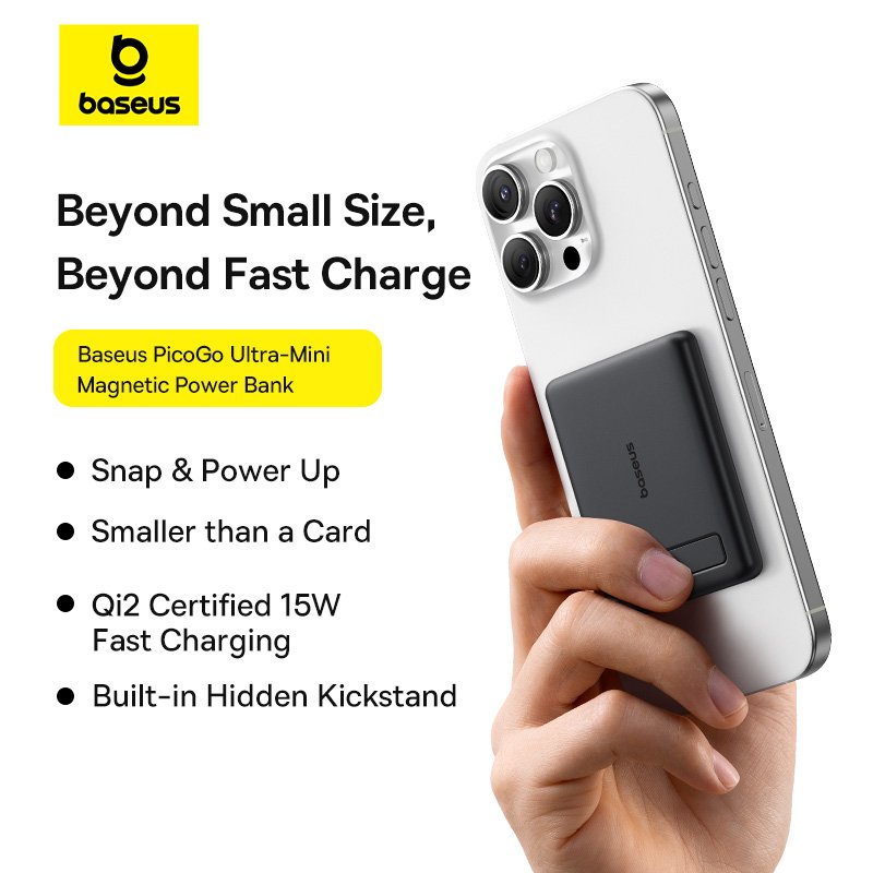 Baseus PicoGo AM31 Qi2 Ultra-Mini Magnetic Power Bank with Kickstand 5000mAh 20W - Cosmic Black gallery image
