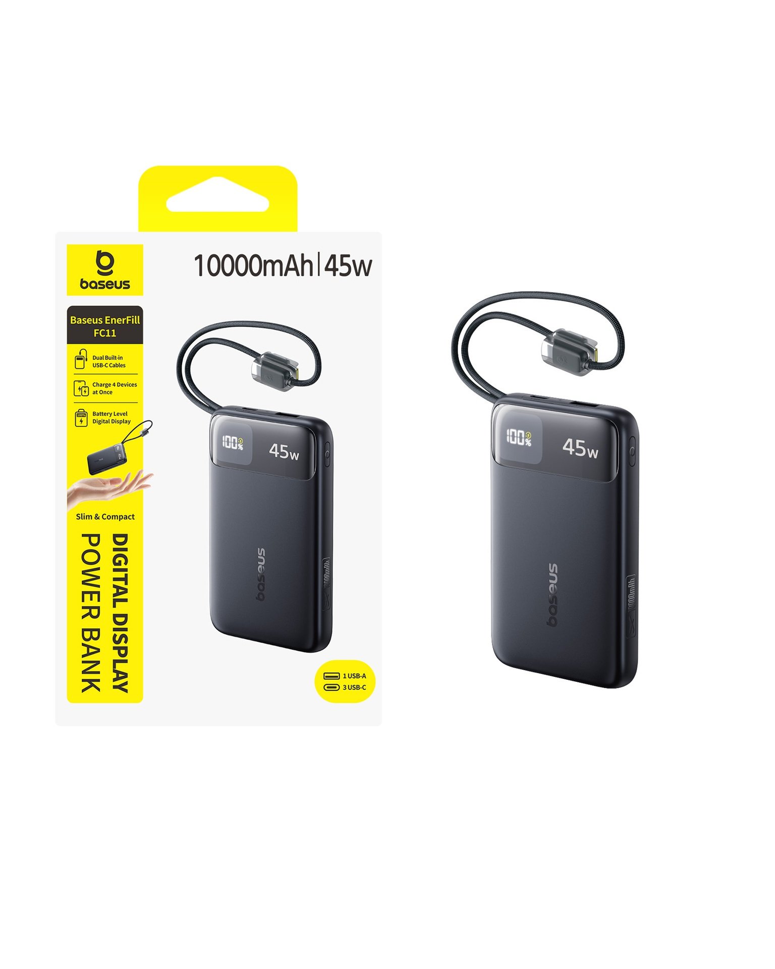 Baseus EnerFill FC11 Digital Display Power Bank with Dual Built-in USB-C Cables  10000mAh 45W - Cosmic Black gallery image