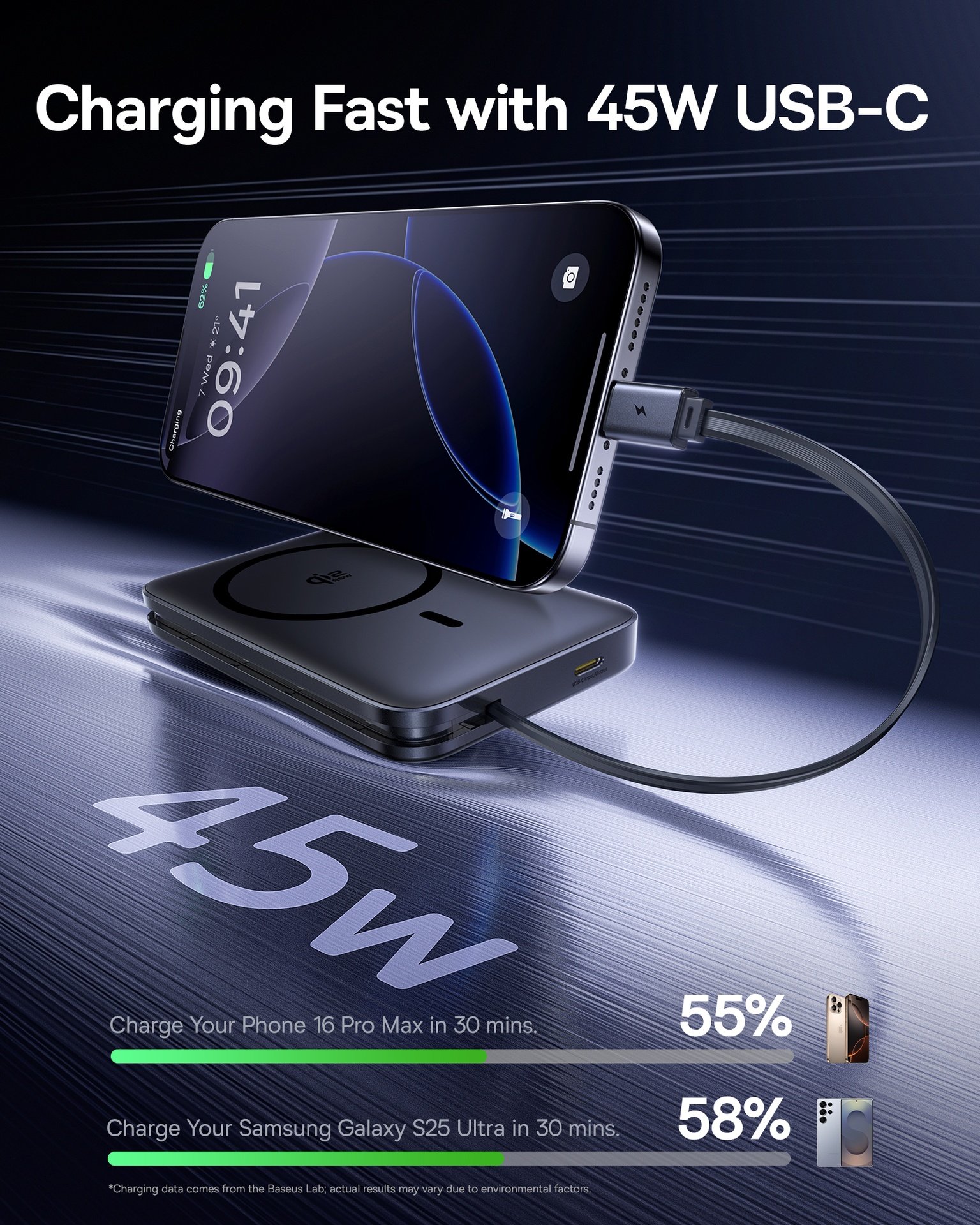 Baseus PicoGo AM61 Qi2.2 Magnetic Power Bank with Built-in Cable 10000mAh 45W - Cosmic Black gallery image
